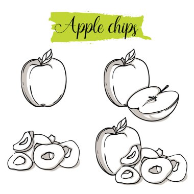 Elle çizilmiş kroki style Apple ayarlayın. Tek, Grup meyveler, elma cips, dilimleri. Organik gıda, beyaz arka plan üzerinde izole vektör doodle resimler koleksiyonu.