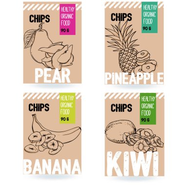 Güzel vektör elle çizilmiş organik meyve kartı set. Armut, muz, ananas, kivi. Ambalaj tasarımı için şablon öğeleri koleksiyonu. Beyaz arka plan üzerinde izole Modern resimler.