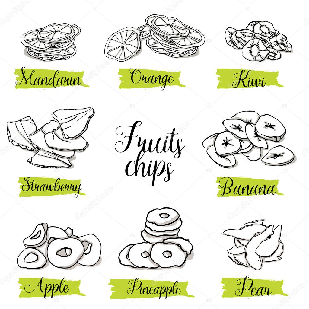 Hand drawn sketch style fruits and berries slices, chips. Mandarin, orange, kiwi, strawberry, banana, apple, pineapple and pear. Organic snack, vector doodle illustrations collection isolated on white background.