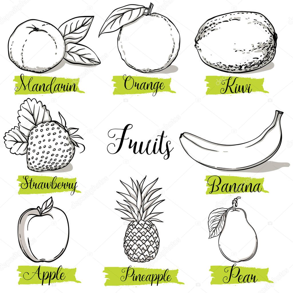 Hand drawn sketch style fruits and berries. Mandarin, orange, kiwi, strawberry, banana, apple, pineapple and pear. Organic fruit with leaf, vector doodle illustrations collection isolated on white background.