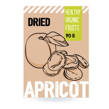 Güzel vektör elle çizilmiş kayısı organik meyve, Kuru Kayısı. Ambalaj tasarımı için şablon öğeleri koleksiyonu. Beyaz arka plan üzerinde izole Modern resimler