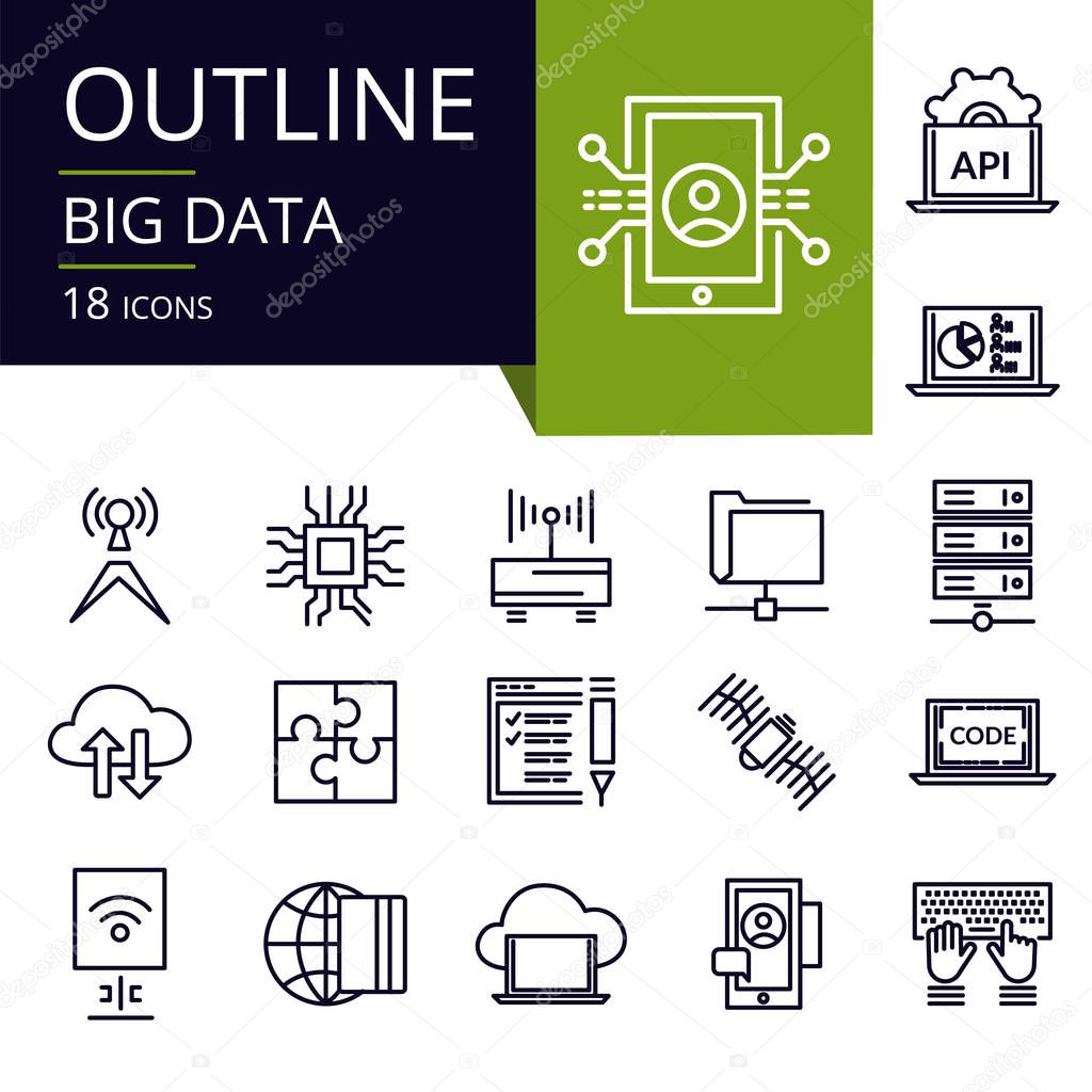 Set of outline icons of Big data.Modern icons for website, mobile, app design and print
