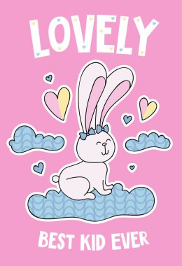 Cute rabbit on a cloud cartoon hand drawn vector illustration. Can be used for t-shirt print, kids wear fashion design, childrens pyjamas, baby shower, invitation card, poster. Best kid ever.