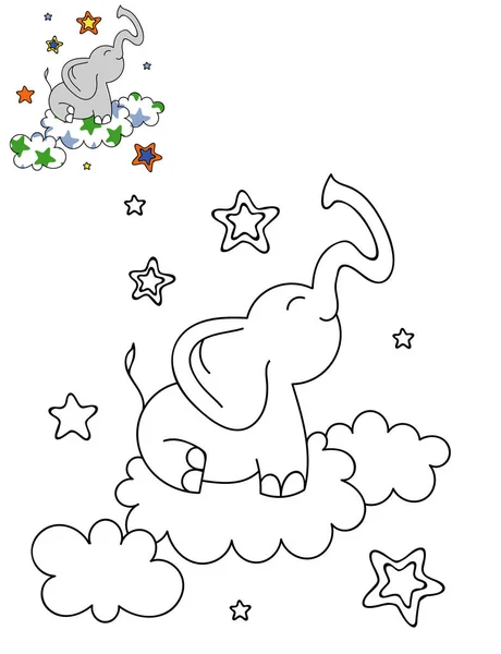 Kleurplaat Paginaoverzicht Van Cartoon Schattig Olifant Een Wolk Hand Getekend — Stockvector