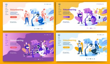 Template for landing page, website, presentation or banner on the topic Volunteering. Digital flyer, also can be print advertising. Vector illustration.
