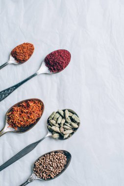 kaşık kuru baharat beyaz masa üzerinde yukarıdan