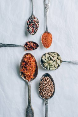 top view of indian spices in spoons on white table clipart