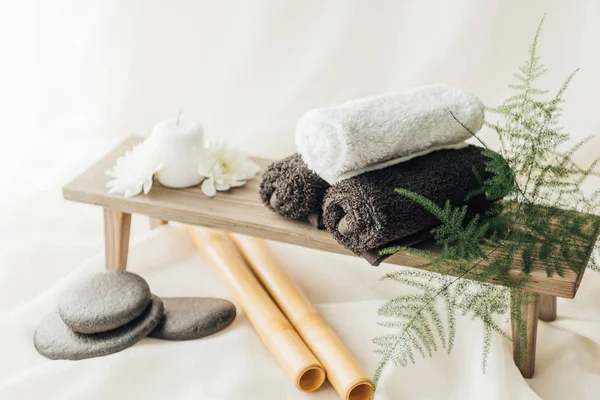 Close View Arrangement Spa Treatment Accessories Towels Pebbles White Background — Stock Photo, Image