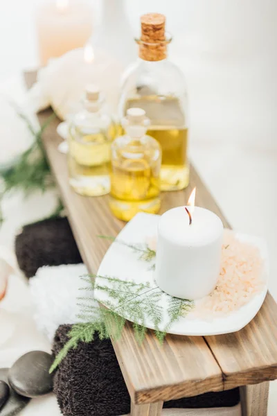 Close View Arrangement Spa Treatment Accessories Essential Oil Salt Candle — Stock Photo, Image