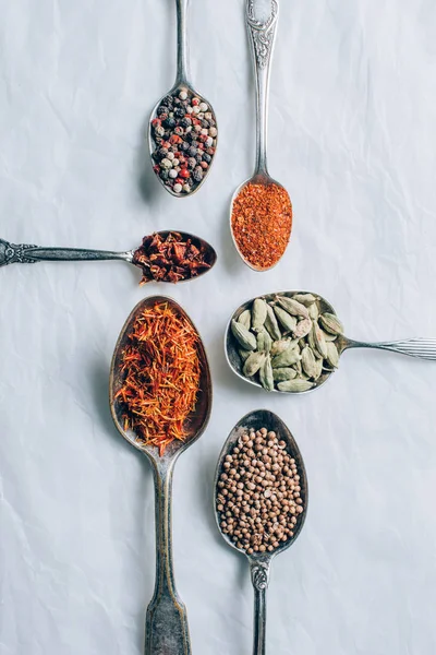 Top View Indian Spices Spoons White Table — Stock Photo, Image