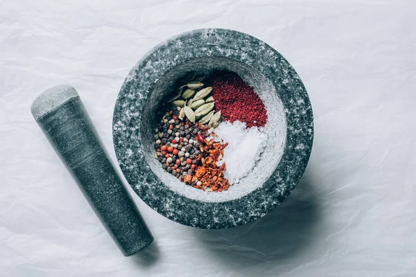 Top View Mortar Spices Pestle White Table — Stock Photo, Image