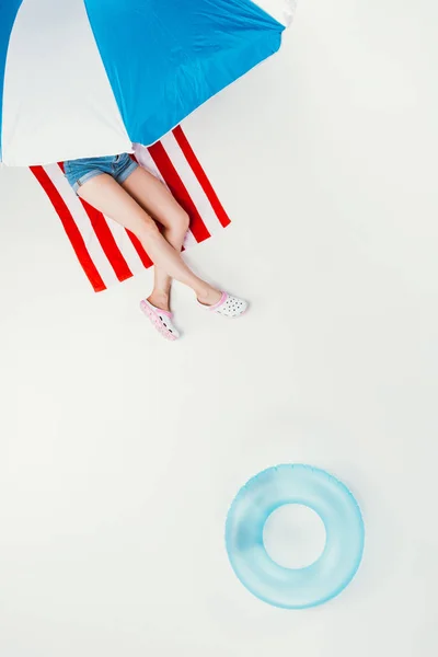 Top View Woman Lying Striped Beach Towel Beach Umbrella Isolated — Stock Photo, Image