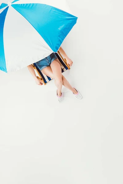 Top View Girl Sitting Chair Beach Umbrella Isolated White — Stock Photo, Image