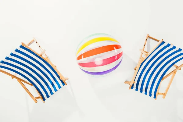 Top View Striped Beach Chairs Inflatable Ball Isolated White — Stock Photo, Image