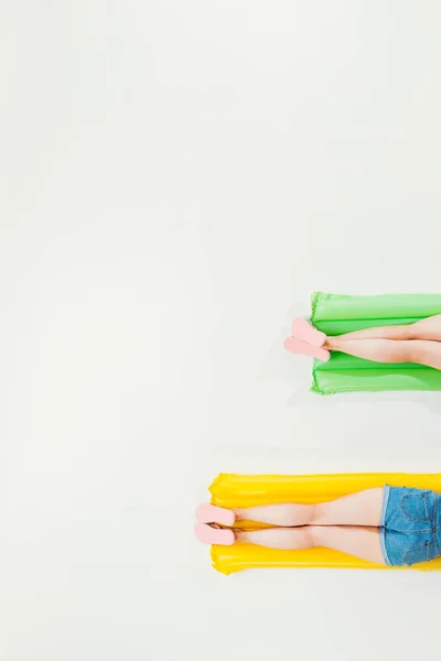 Partial Top View People Resting Inflatable Mattresses Isolated White — Stock Photo, Image