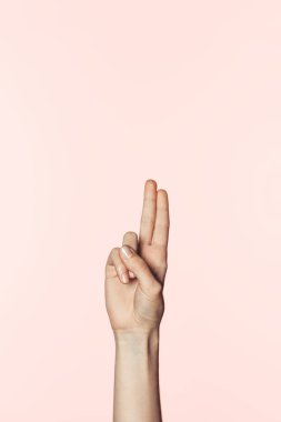 cropped image of woman doing two raised fingers gesture isolated on pink background clipart