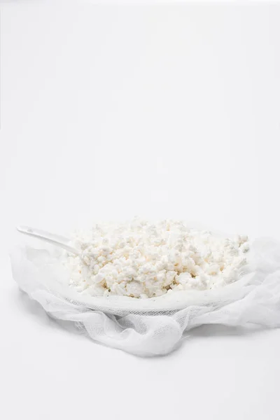 Delicious Cottage Cheese Cheesecloth White Surface — Stock Photo, Image