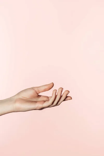 Μερική Άποψη Της Γυναίκας Χέρι Χειρονομίες Που Απομονώνονται Ροζ Φόντο — Φωτογραφία Αρχείου