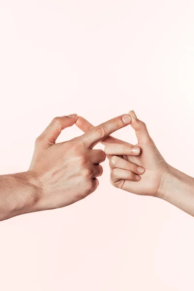 Cropped Image Woman Man Joining Fingers Isolated Pink Background — Free Stock Photo