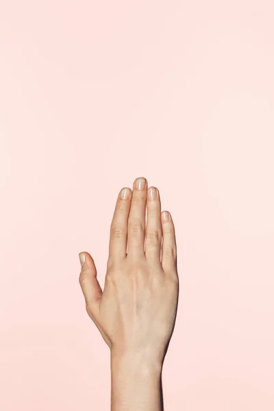 女性用手指着粉红色背景的镜头 — 图库照片