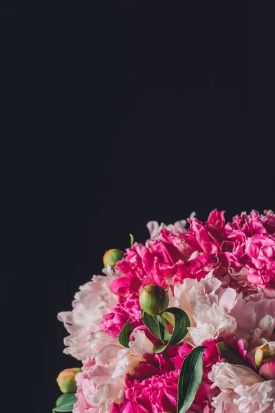 Elegant Rosa Pion Bukett Isolerad Svart Med Kopia Utrymme — Gratis stockfoto