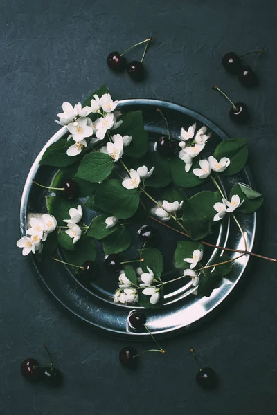 Felülnézet Gyönyörű Fehér Jázmin Virágok Érett Édes Cseresznye Fekete — Stock Fotó