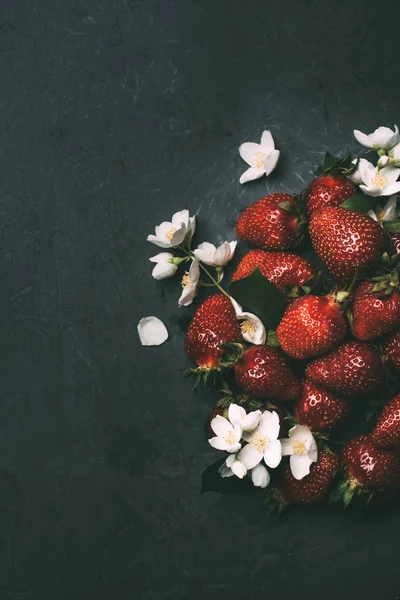 成熟的红色草莓和茉莉花在黑色的顶部视图 — 图库照片