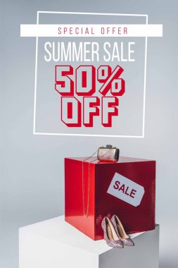 handbag, high heels and sale sign, summer sale concept with fifty off clipart