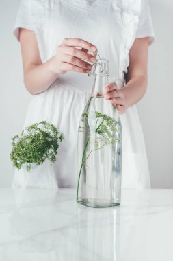 cropped image of woman closing glass bottle with water and dill at kitchen clipart