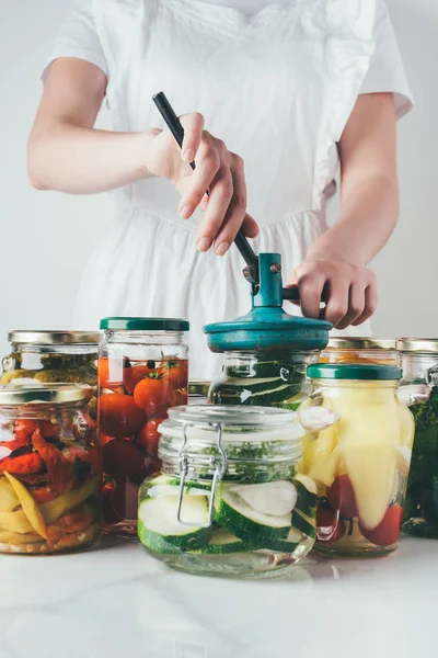 Cropped Image Woman Preparing Preserved Vegetables Table Kitchen — Stock Photo, Image