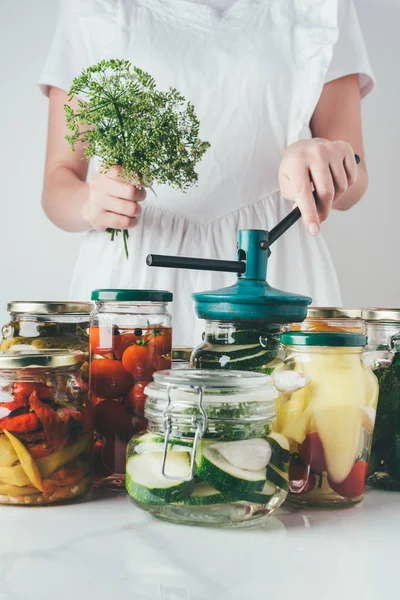 Cropped Image Woman Preparing Preserved Vegetables Glass Jars Kitchen — Stock Photo, Image