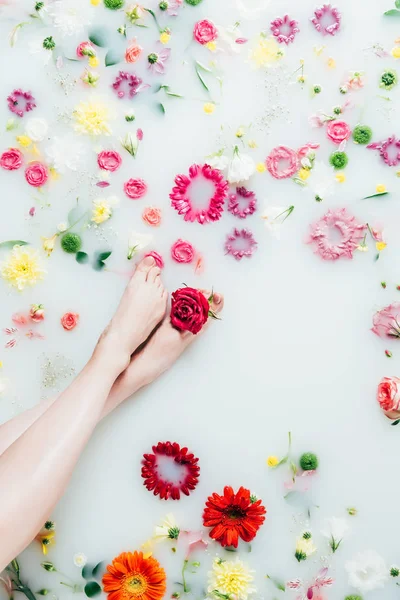 Tiro Cortado Pernas Femininas Várias Flores Bonitas Arranjadas Leite — Fotografia de Stock