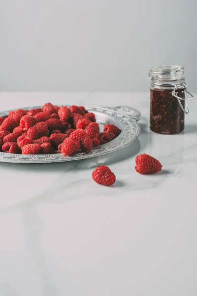 Selective Focus Silver Tray Raspberries Jar Jam Marble Table — Free Stock Photo