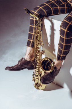 saksafon duman Grey ile oturan şık genç müzisyenin kırpılmış atış 