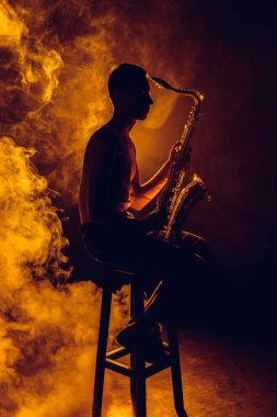 taburede oturan ve saksafon duman içinde tutan genç müzisyen yan görünüm 
