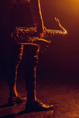 şık müzisyen saksafon tutarak atış kırpılmış