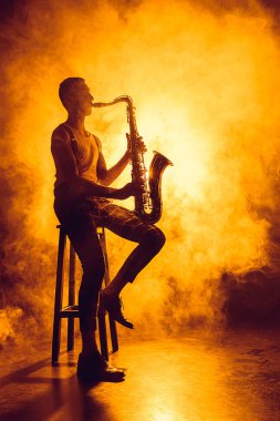 taburede oturan ve saksafon duman içinde oynayan genç profesyonel müzisyen 