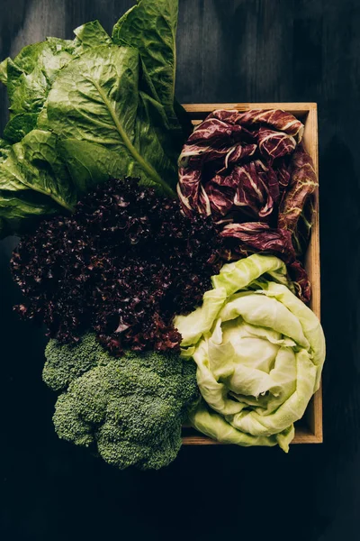 Top View Different Cabbages Salads Wooden Box Grey Dark Table — Stock Photo, Image