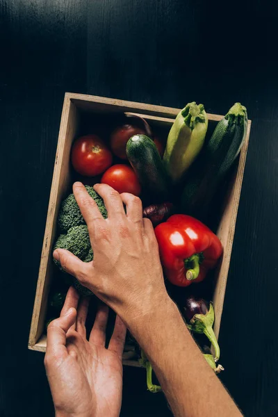 Cropped Image Man Taking Broccoli Wooden Box Different Vegetables — Stock Photo, Image