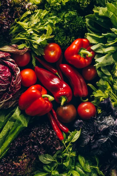 テーブルの赤と緑の野菜のトップ ビュー — ストック写真