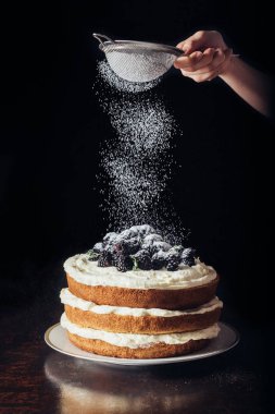 cropped shot of woman spilling sugar powder onto delicious blackberry on black clipart