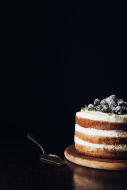 lezzetli böğürtlen pasta ahşap kesme tahtası ve siyah kek sunucusuyla yakın çekim shot