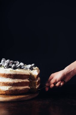 lezzetli böğürtlen pasta siyah üzerine hizmet veren kadının kırpılmış atış