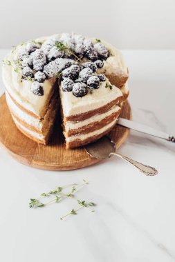taze pişmiş dilimlenmiş böğürtlen pasta kek sunucu ile ahşap kesme tahtası üzerinde yakın çekim shot