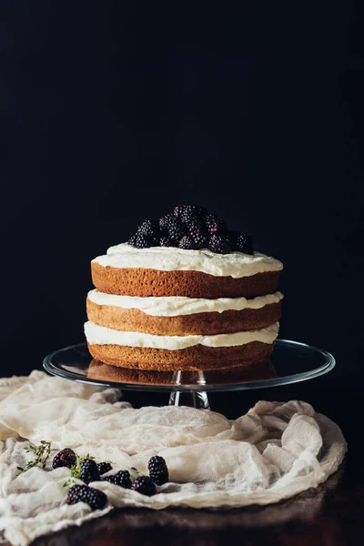 Delicious Blackberry Cake Glass Stand Cheesecloth — Stock Photo, Image