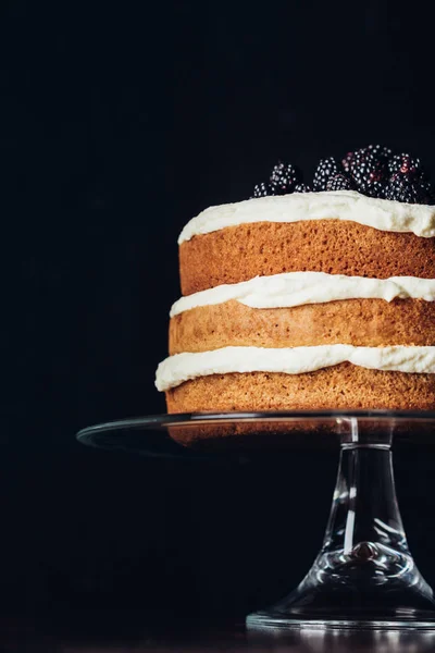 freshly baked blackberry cake on glass stand on black