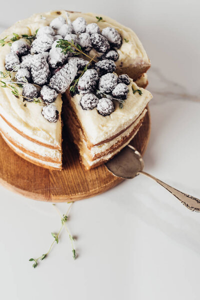 close-up shot of tasty sliced blackberry cake on wooden cutting board with cake server