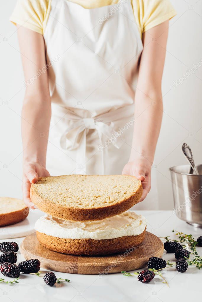 cropped shot of woman making delicious layered cake on white