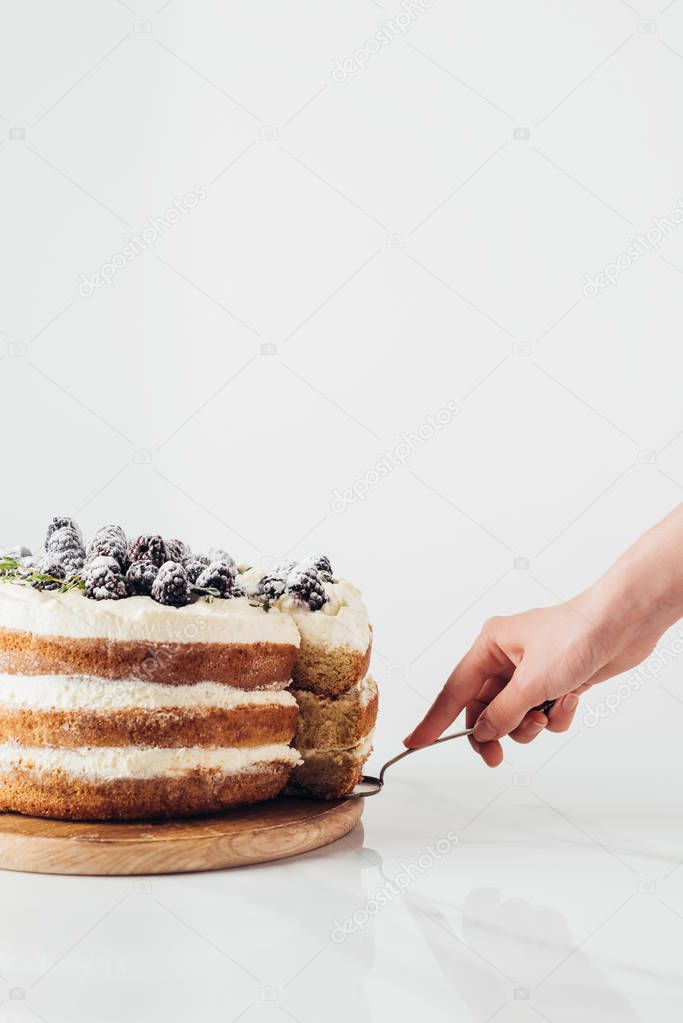 cropped shot of woman serving delicious blackberry cake on white