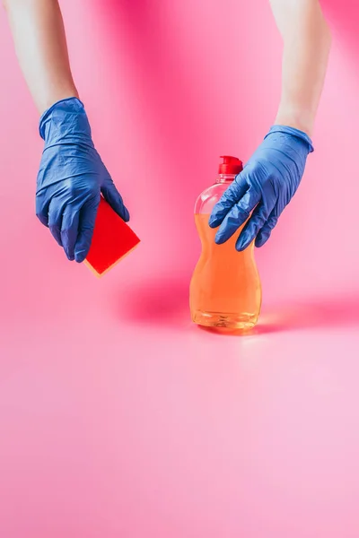 Cropped Image Woman Rubber Glove Holding Washing Sponge Dishwashing Liquid — Stock Photo, Image